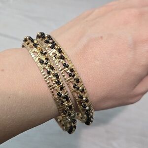 NEW Set Of 2 Elegant Gold and Black Beaded Bracelet Set